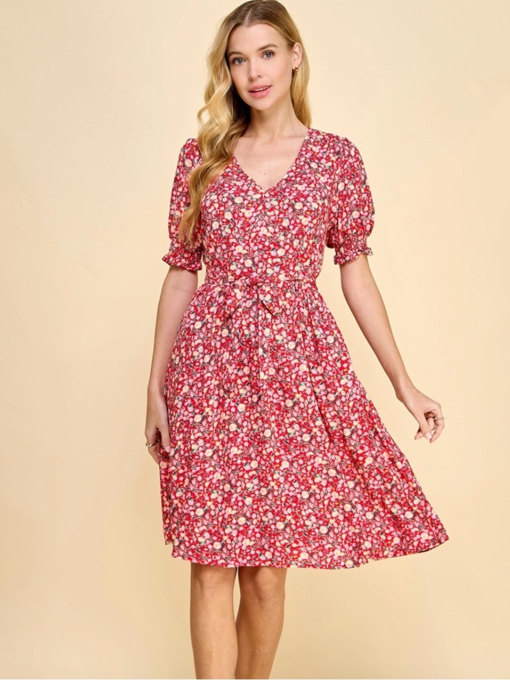 Luxology Flattering Boho Puff Sleeve Red Floral  A-Line Dress Size Large